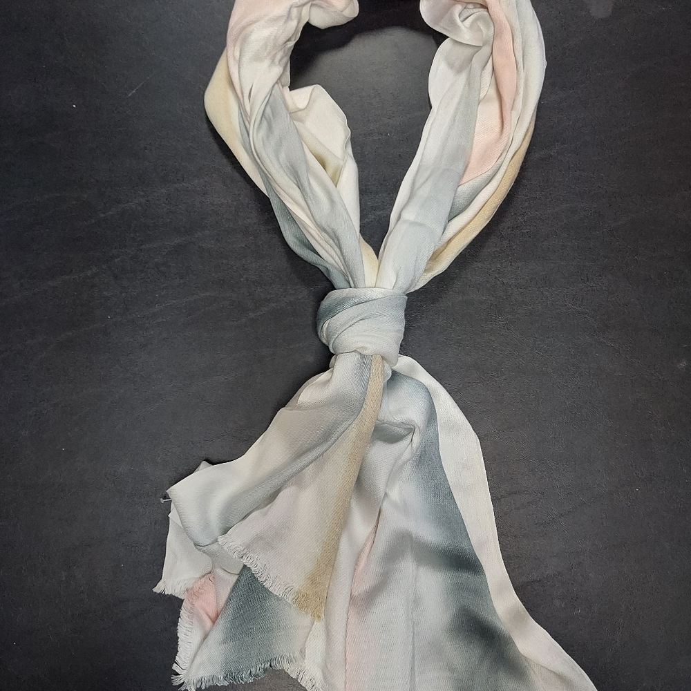 INC women's fringed scarf wrap pashmina. Cream with pink, gray, blue, tan stripe